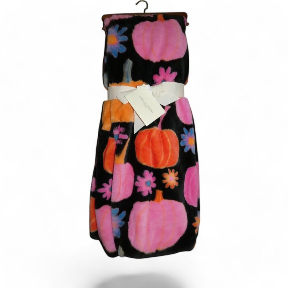 Magaschoni Faux Fur Throw Blanket Black Pink Pumpkins Luxuriously Soft Plush NWT